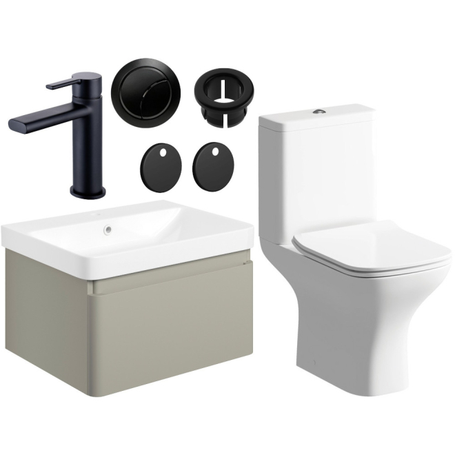 Aylesbury 600mm Matt Latte Vanity Unit and Toilet Bathroom Suite with Black Finishes