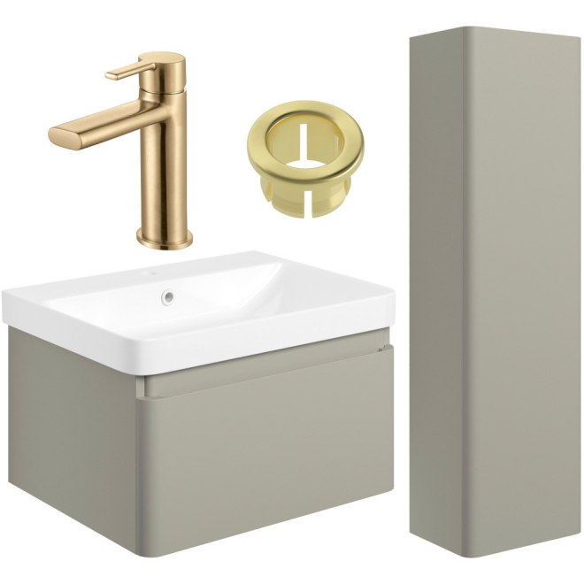 Aylesbury Matt Latte 600mm Vanity Unit & Tall Unit Pack with Brass Finishes