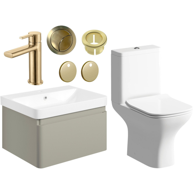 Aylesbury 600mm Matt Latte Vanity Unit and Toilet Bathroom Suite with Brass Finishes