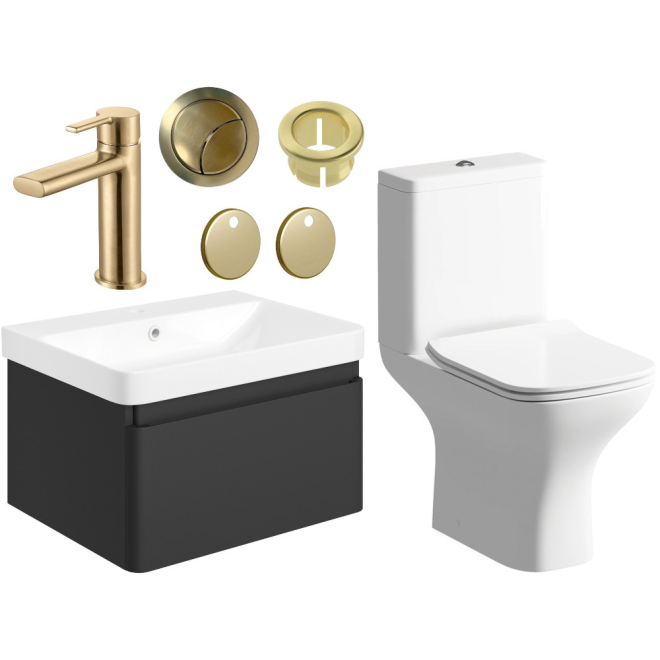 Aylesbury 600mm Matt Black Vanity Unit and Toilet Bathroom Suite with Brass Finishes