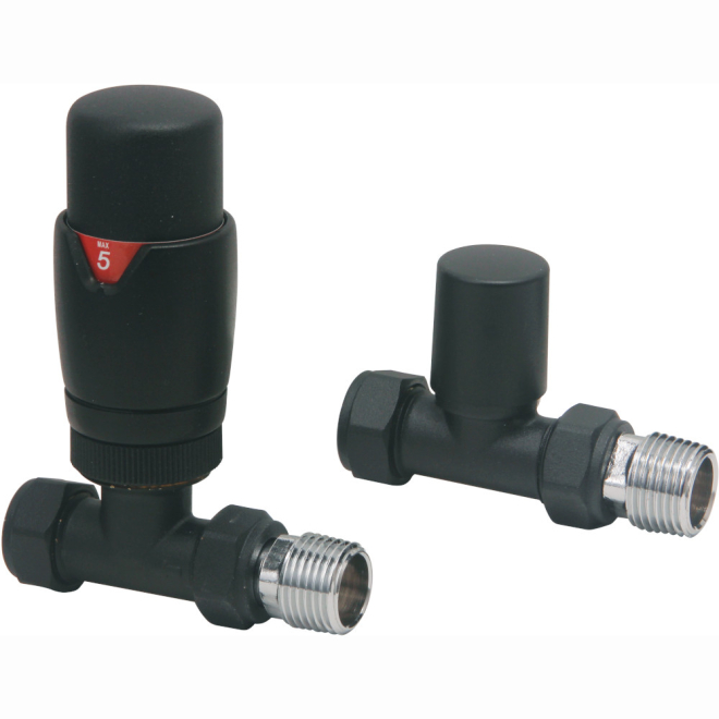 Scudo Black Straight Thermostatic Radiator Valves Twin Pack