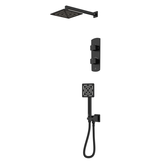 Jaquar Kubix Prime Range Square Shower Kit 2 Outlet Fixed Head & Hand Set in Black Matt