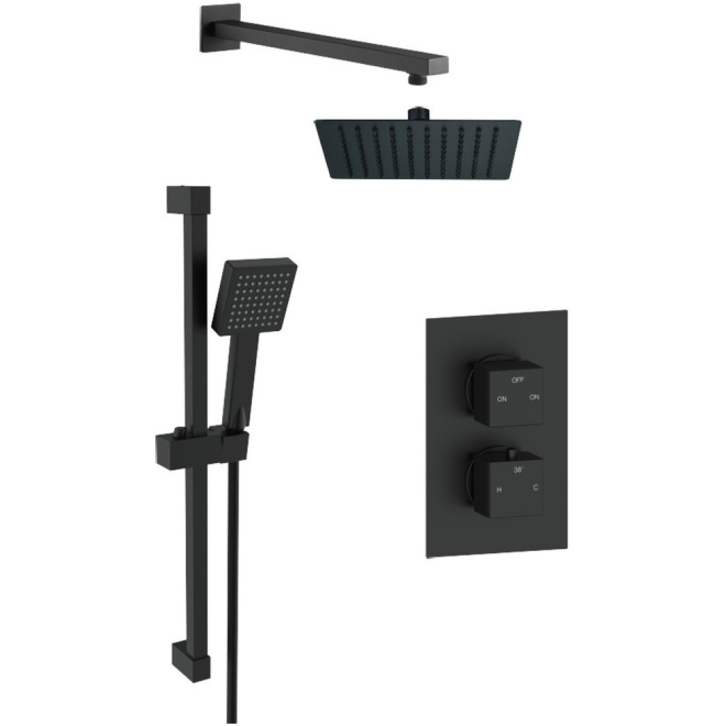 Square Concealed Valve Head & Arm Shower Pack - Matt Black