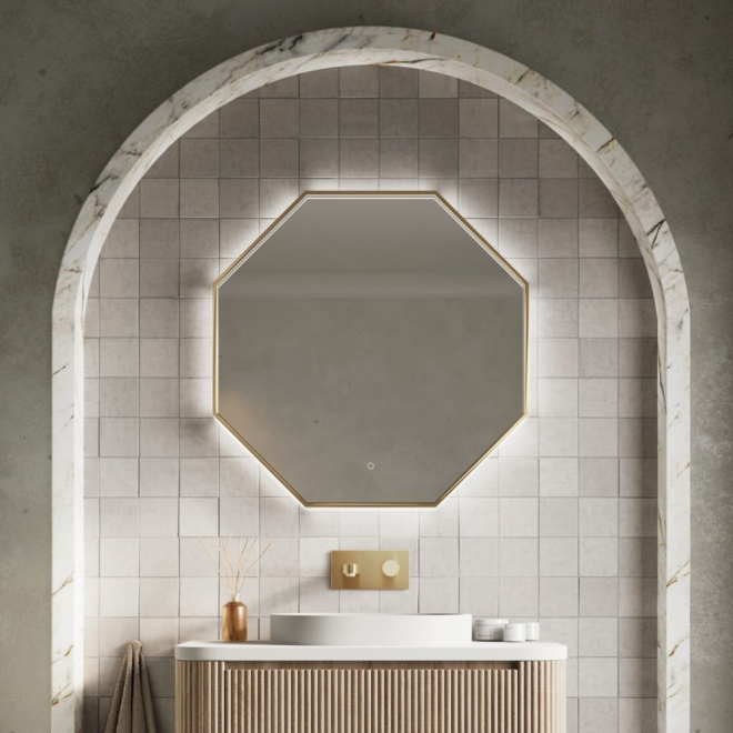 Scudo Passa Octagonal Brushed Brass LED Mirror 800mm