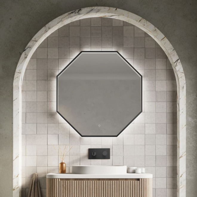 Scudo Passa Octagonal Matt Black LED Mirror 800mm