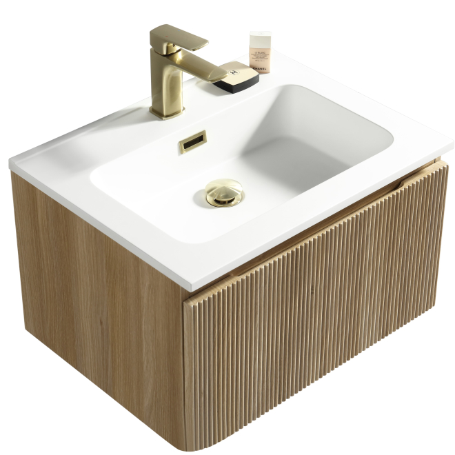 Flauto Country Oak Fluted 600mm Wall Hung Vanity Unit & Matte Basin