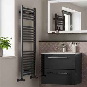 Anthracite finished free hanging storage and heated towel rail by Anatra.