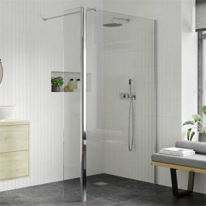 Glass shower enclosure with chrome fittings by Anatra.