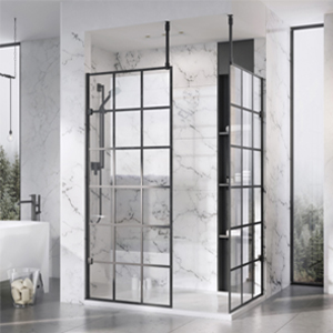 Window Panel Style Shower Enclosure with Black Fittings by Roman Showers.