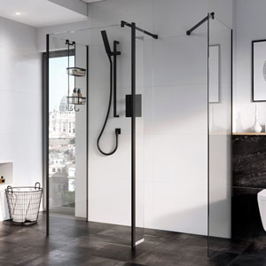 Roman Showers Walk In Shower Enclosure with Black Fittings.