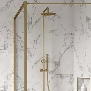 Brass finished shower enclosure complete with brass Shower fittings by Tissino.