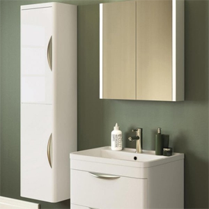 White bathroom suite of a floating sink basin and storage unit, with wall mounted mirror storage and storage cabinet by Nuie.