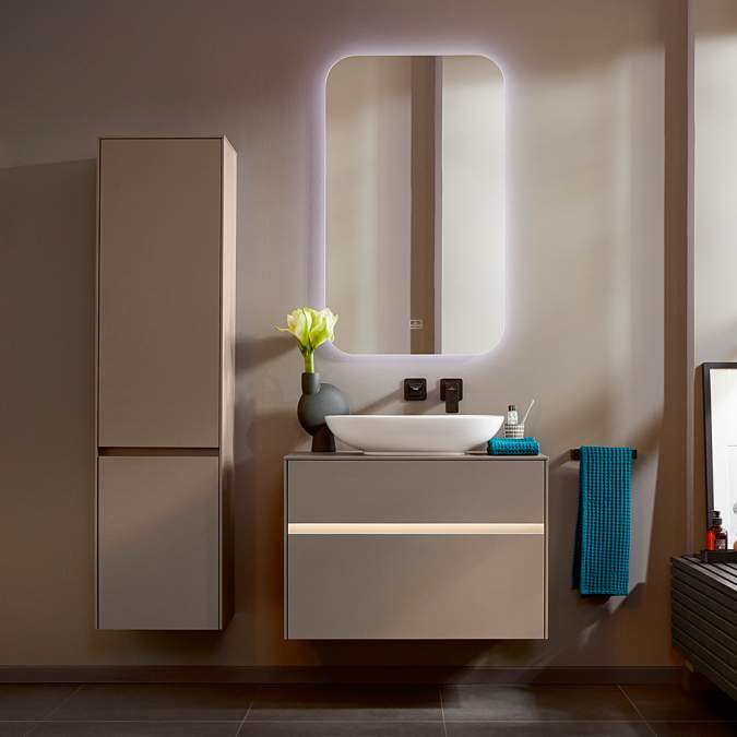 An assortment of freehanging bathroom storage units by Villeroy & Boch