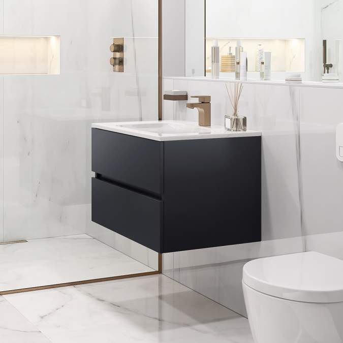 Free hanging storage cabinet and sink basin by Villeroy & Boch.