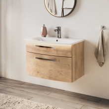 Icarus Curve LED 700 Natural Oak Wall Hung Bathroom Vanity Unit & Basin
