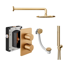 Abacus Shower Pack 6 Round Fixed Shower Head With Handset, Holder And Overflow Filler - Brushed Brass