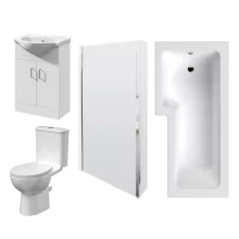 Nuie L Shape Shower Bath, Saturn Gloss White Vanity Unit Bathroom Suite - Left Hand