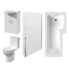 Nuie L Shape Shower Bath, Saturn Gloss White Vanity Unit Bathroom Suite - Right Hand