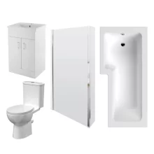 Nuie L Shape Shower Bath, Square Gloss White Vanity Unit Bathroom Suite - Left Hand