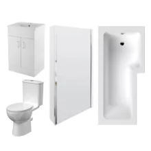 Nuie L Shape Shower Bath, Square Gloss White Vanity Unit Bathroom Suite - Right Hand