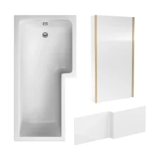Nuie 1700mm L Shaped Shower Bath, Brass Glass Screen & Front Panel