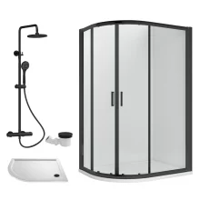 Nuie Rene 1000mm x 800mm Matt Black Left Hand Offset Quadrant Shower Enclosure, Tray, Waste & Round Thermostatic Shower Kit