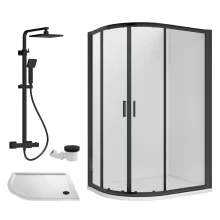 Nuie Rene Matt Black 1200 x 800mm Left Hand Offset Quadrant Enclosure, Tray, Thermostatic Shower & Waste