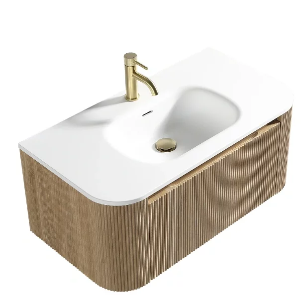 Flauto Curve Country Oak Fluted 870mm Wall Hung Vanity Unit With Matt Basin
