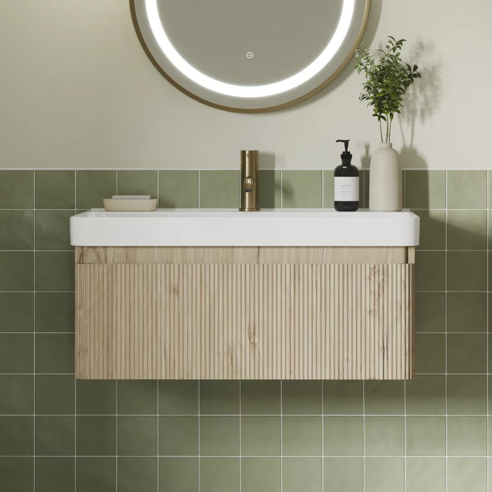 Ancona 805mm Fluted Textured Oak 1 Drawer Wall Hung Vanity Unit with Basin