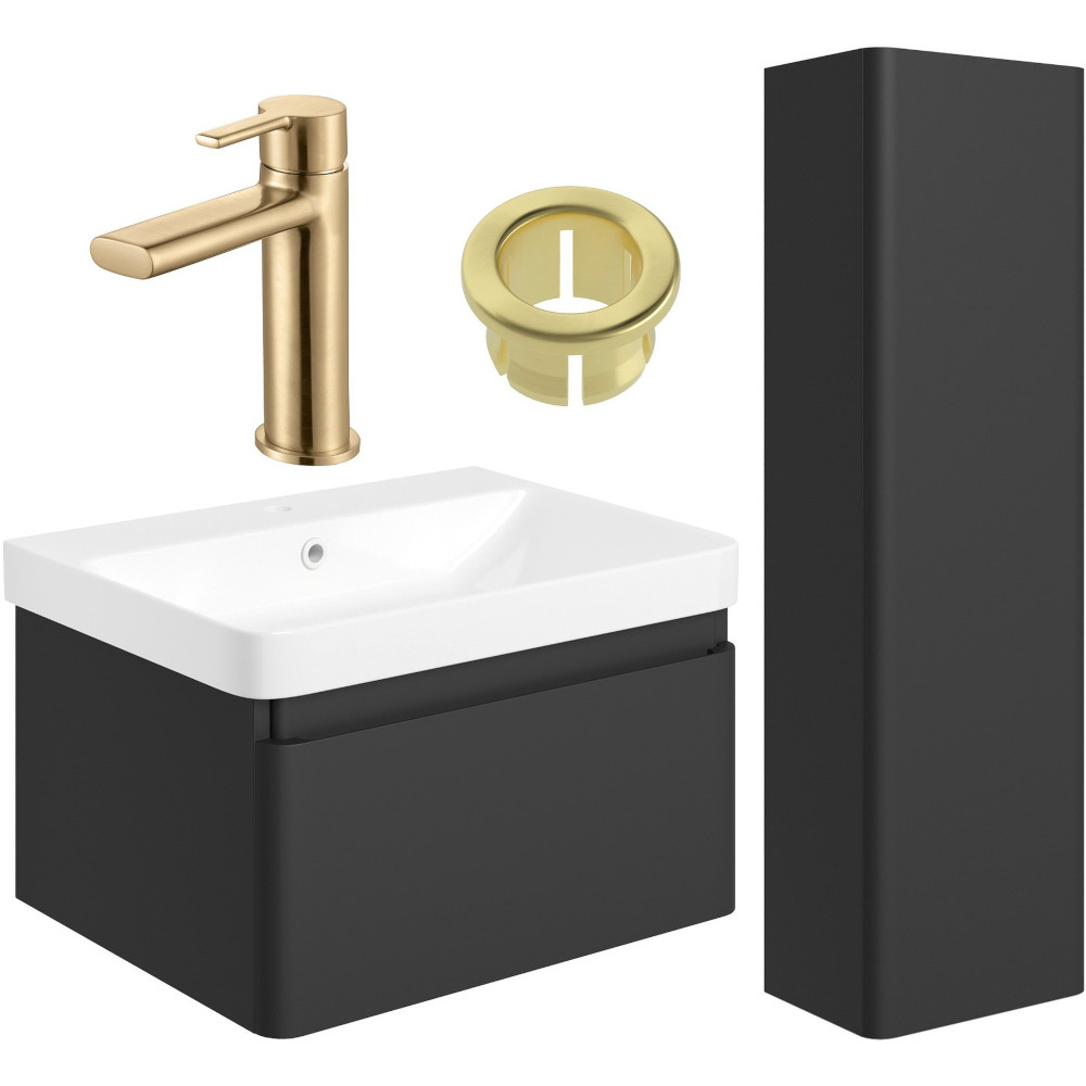 Aylesbury Matt Black 600mm Vanity Unit & Tall Unit Pack with Brass Finishes