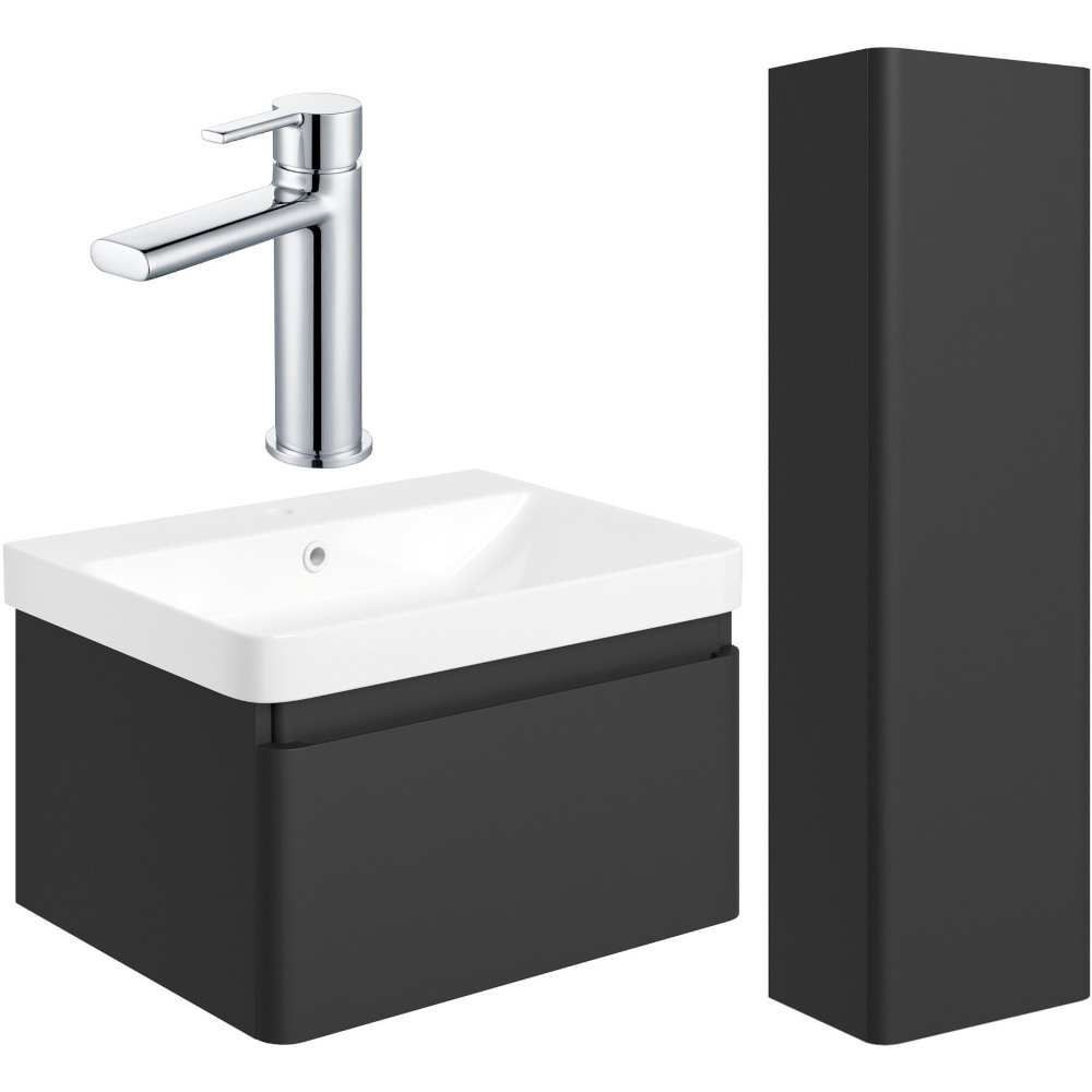 Aylesbury Matt Black 600mm Vanity Unit & Tall Unit Pack with Chrome Finishes 