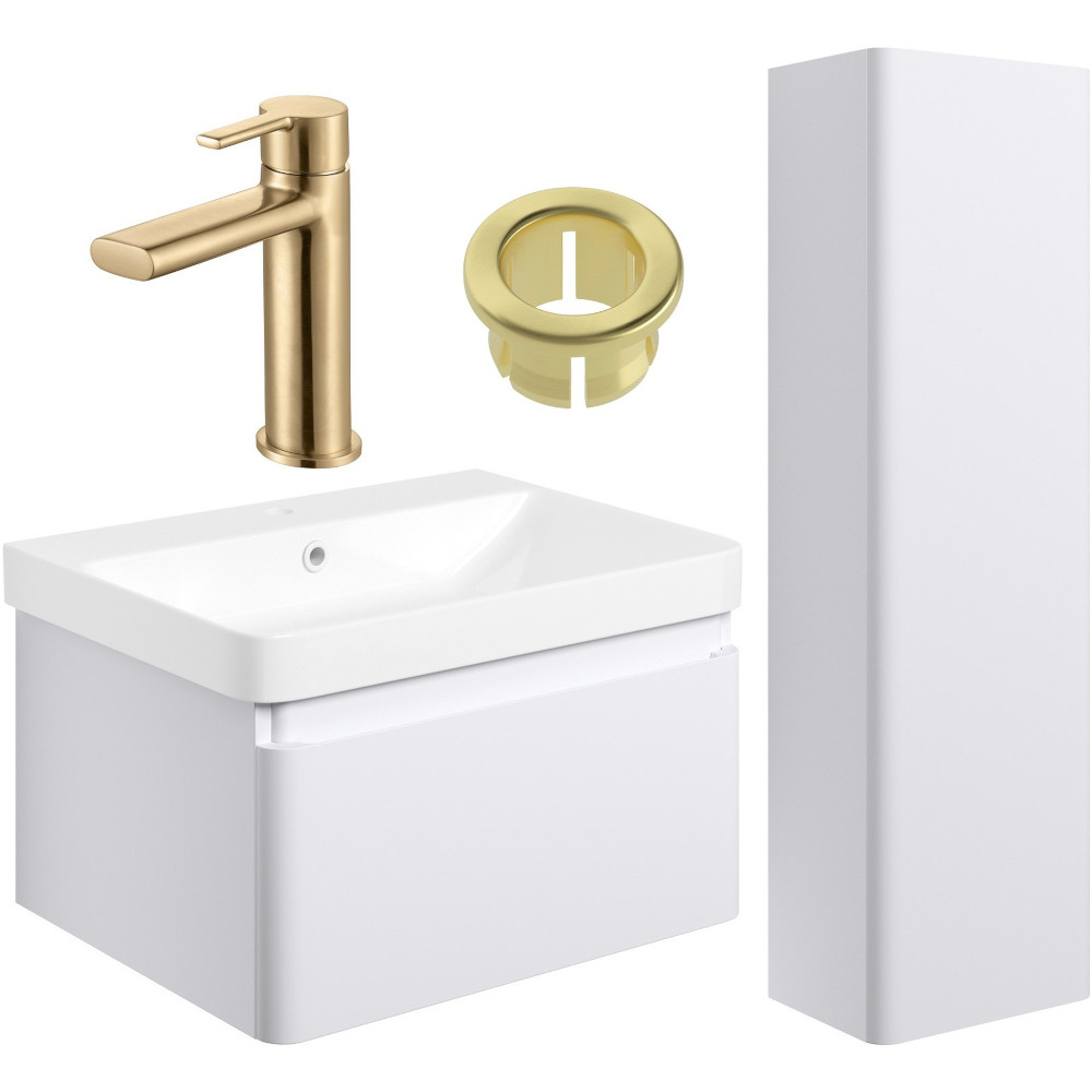 Aylesbury Matt White 600mm Vanity Unit & Tall Unit Pack with Brass Finishes