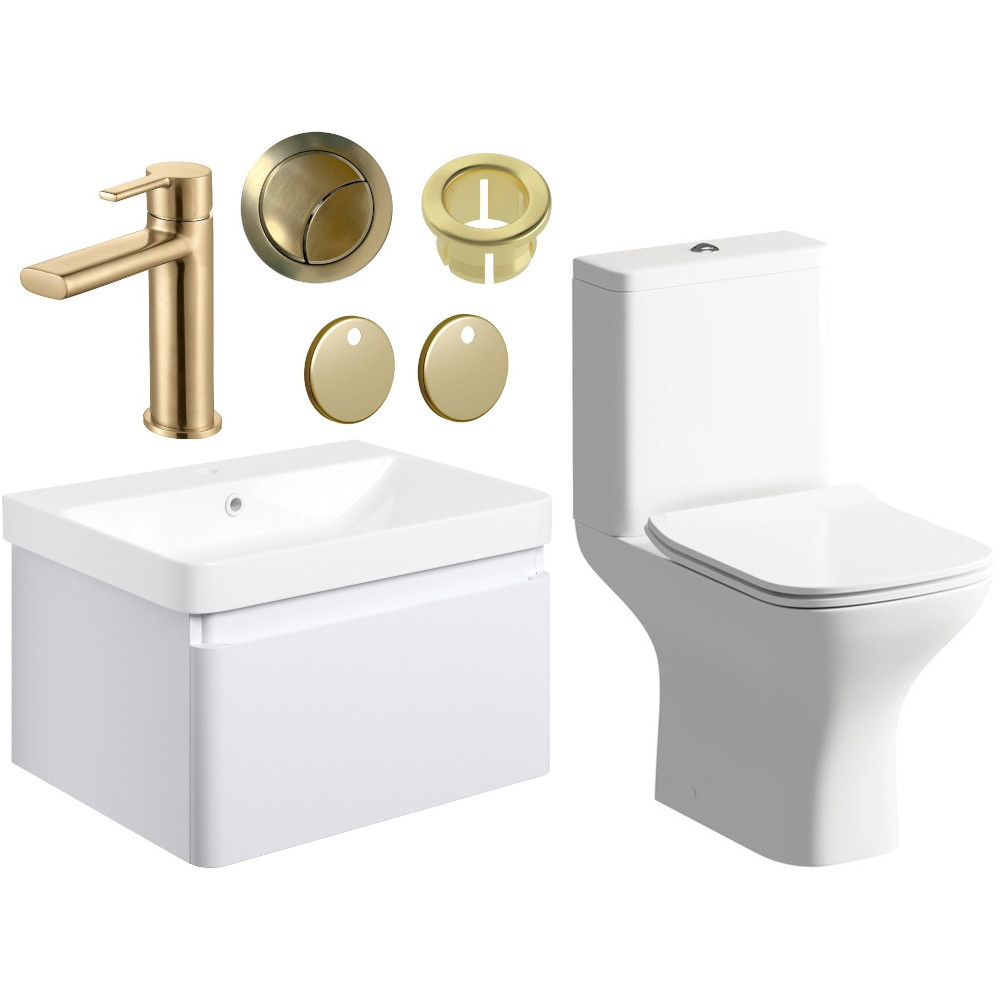 Aylesbury 600mm Matt White Vanity Unit and Toilet Bathroom Suite with Brass Finishes