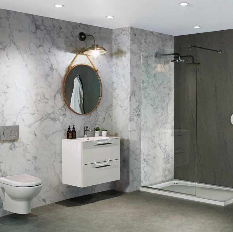 Nuance Calacatta Statuario Glaze Waterproof Shower Panel from Bushboard