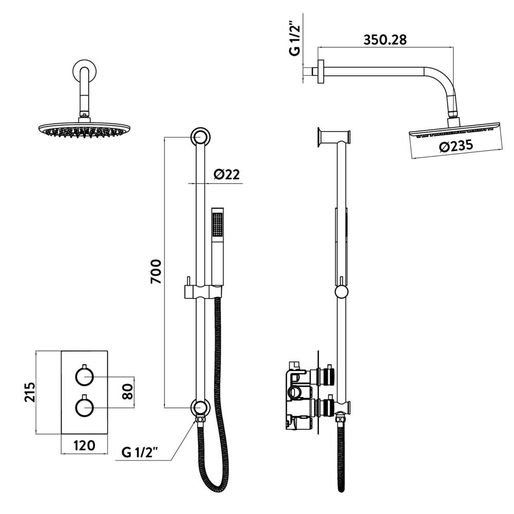 Scudo Core Brushed Brass Shower with Round Handle, Fixed Shower Head ...