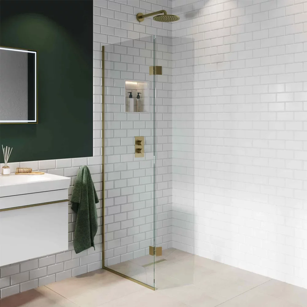 Abacus 8mm Wetroom Panel, Splash Panel & Brushed Brass Surface Profile - 700 + 350mm