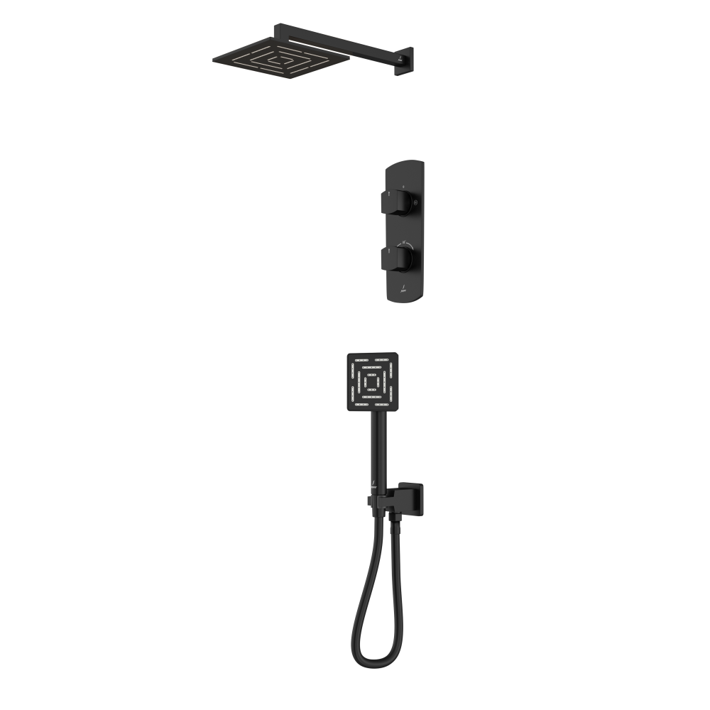 Jaquar Kubix Prime Range Square Shower Kit 2 Outlet Fixed Head & Hand Set in Black Matt