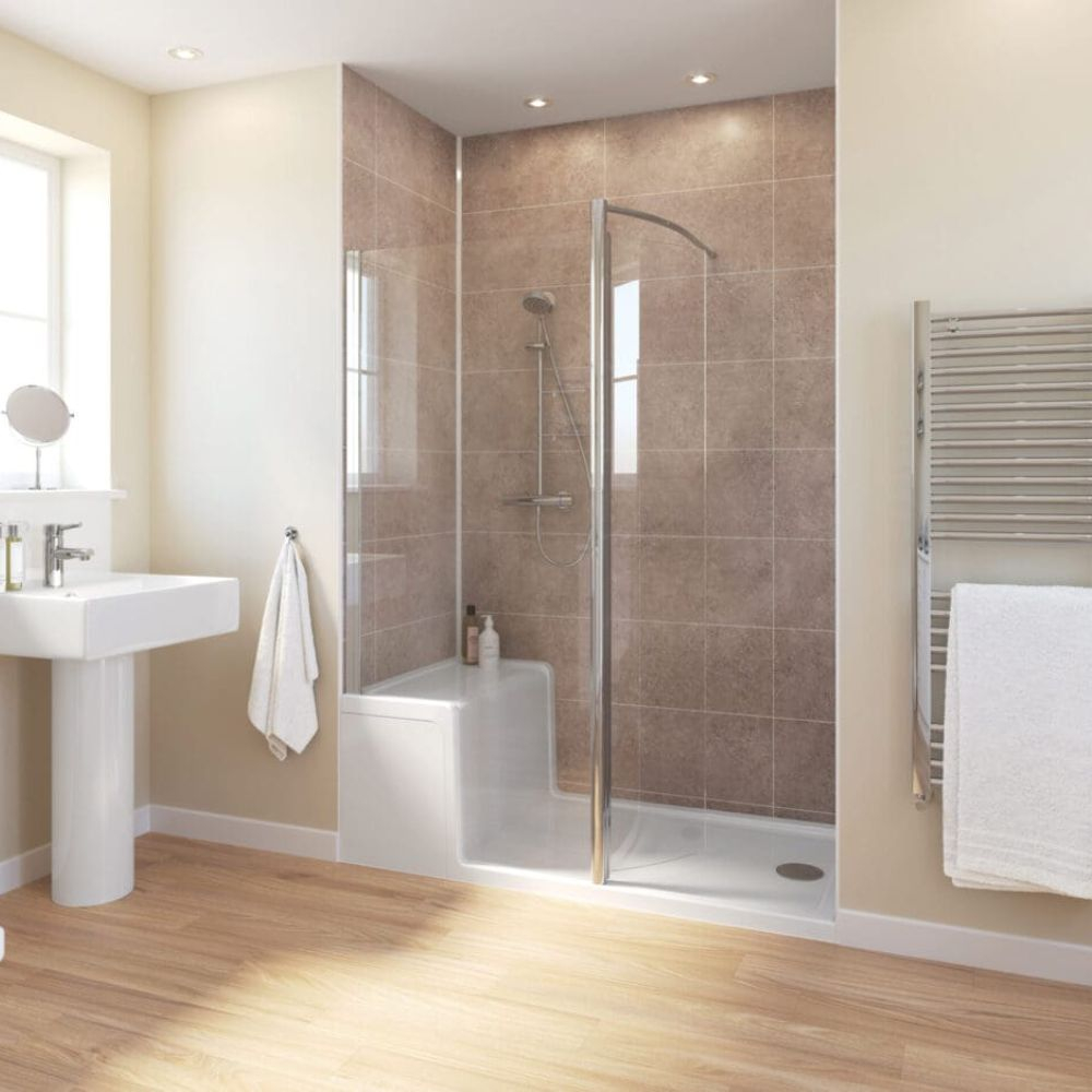 Lakes Showering Spaces Seated Shower Tray 1500mm & Walk-in Shower Enclosure