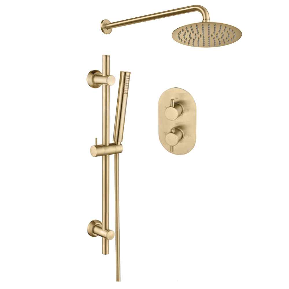 Shower Pack Round Brushed Brass Concealed Valve Fixed Shower Head With Handset & Holder