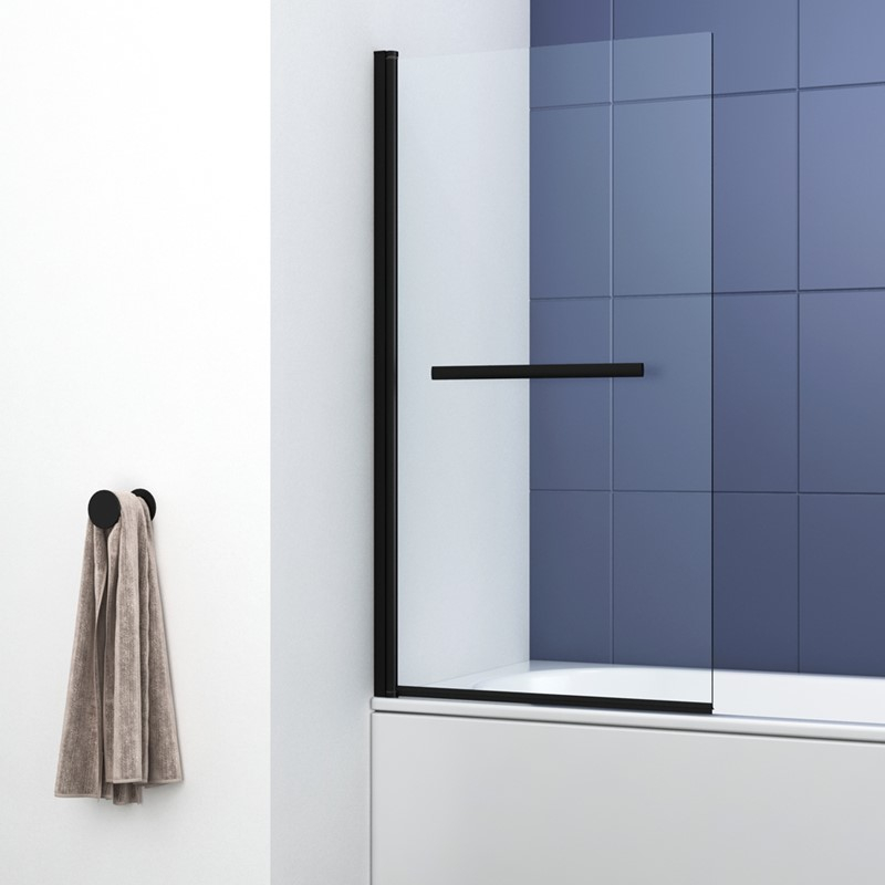 Synergy Ralus 6 Square 800 x 1400mm Black Bath Shower Screen with Towel Rail