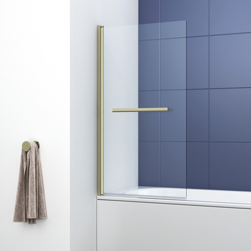 Synergy Ralus 6 Square 800 x 1400mm Brass Bath Shower Screen with Towel Rail