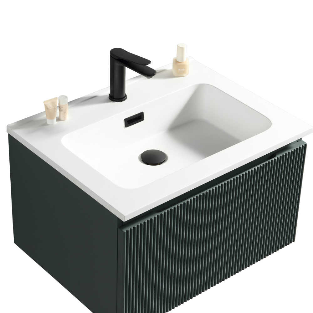 Flauto Smoked Sage Fluted 600mm Wall Hung Vanity Unit & Matte Basin