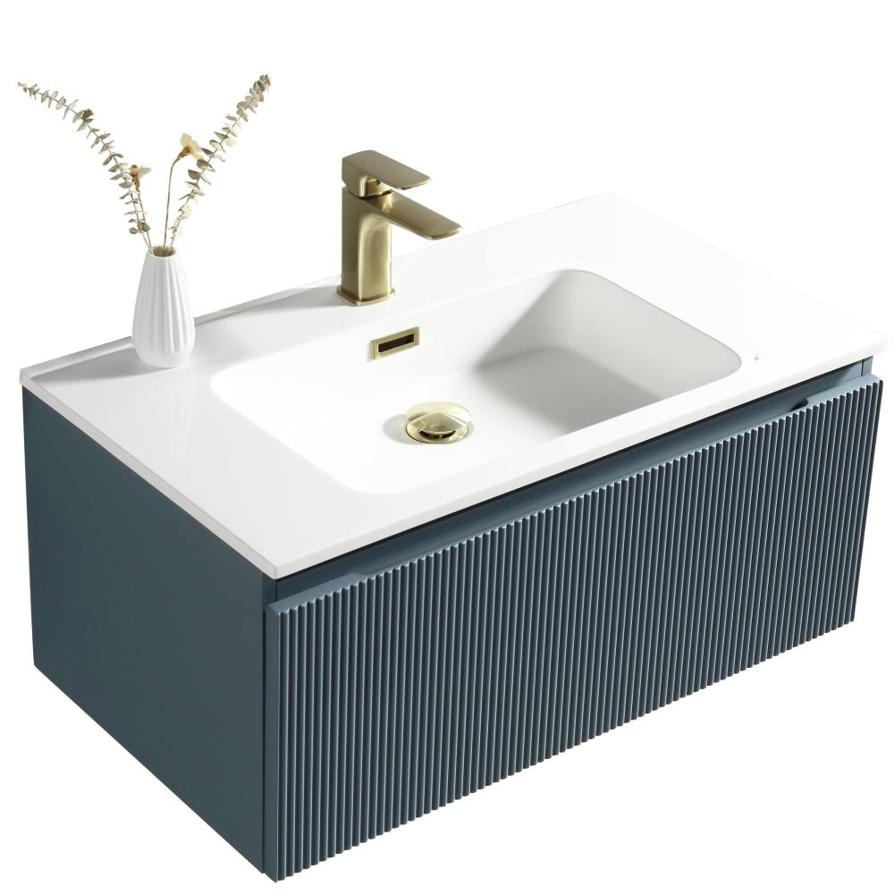 Flauto Smoked Sage Fluted 800mm Wall Hung Vanity Unit & Matte Basin