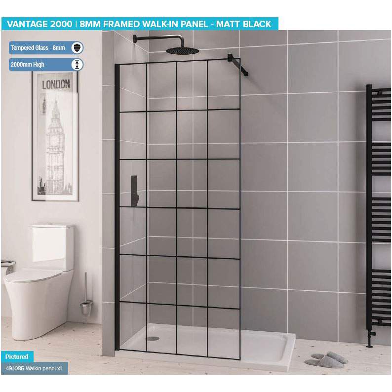 Vantage 2000, 800mm Matt Black Framed Walk In Shower Screen - Eastbrook